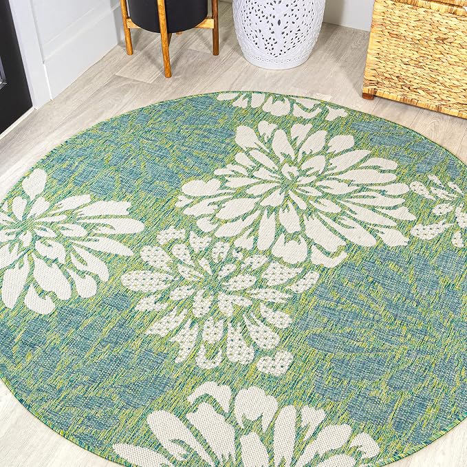JONATHAN Y Floral Textured Weave Indoor Outdoor Round Area Rug 4 Ft Cream/Green, Zinnia Modern for Backyard, Patio, Porch, Easy-Cleaning, High Traffic, Pet-Friendly, Non-Shedding (SMB110D-4R)