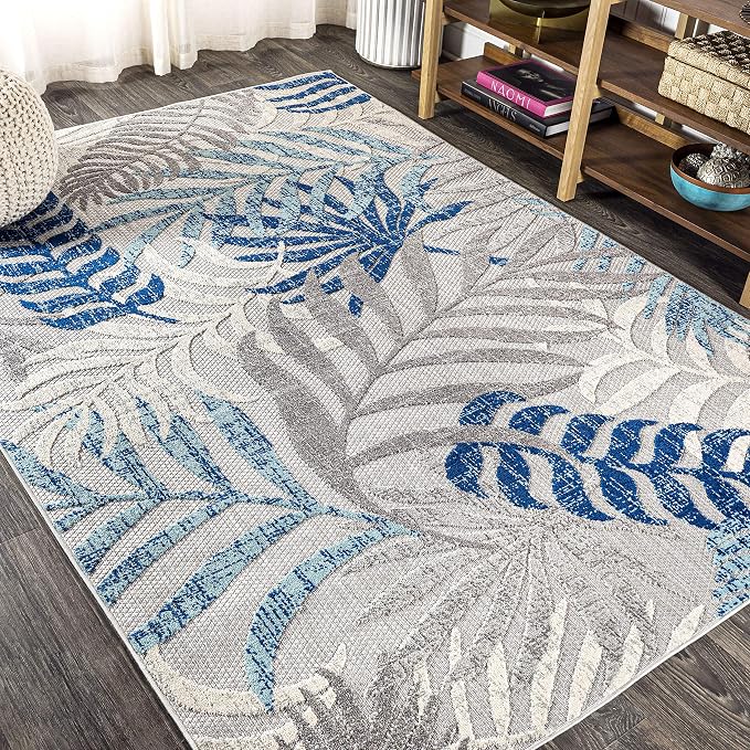 JONATHAN Y Tropics Palm Leaves Indoor Outdoor Area Rug 5X8 Gray/Blue | Ships Rolled, Durable Flat Weave, Lays Flat for Backyard, Patio, Porch, Easy-Cleaning, High Traffic,Pet-Friendly,Non-Shedding