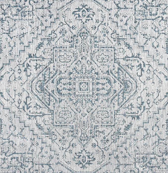 JONATHAN Y Boho Medallion Indoor Outdoor Square Area Rug 4X4 Teal/Gray, Estrella Textured Weave for Backyard, Patio, Porch, Easy-Cleaning, High Traffic, Pet-Friendly, Non-Shedding (SMB105C-4SQ)