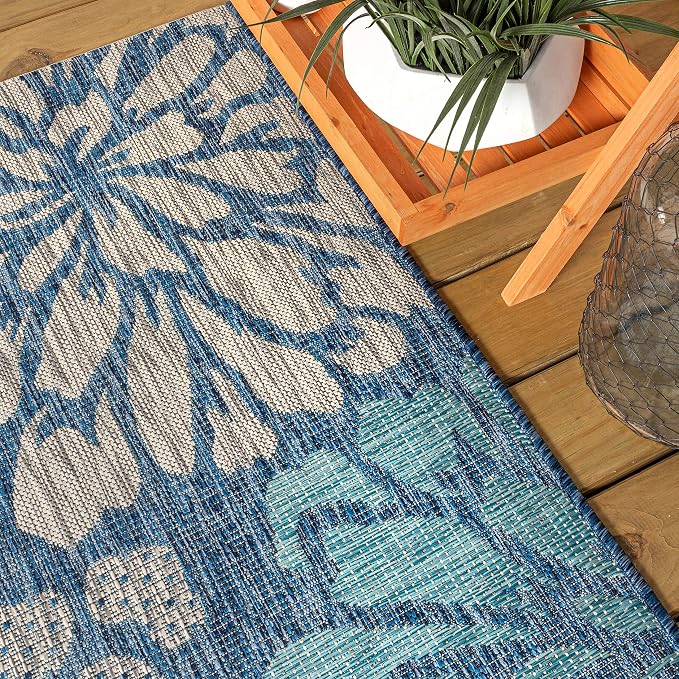 JONATHAN Y Floral Textured Weave Indoor Outdoor Square Area Rug 5X5 Navy/Aqua, Zinnia Modern for Backyard, Patio, Porch, Easy-Cleaning, High Traffic, Pet-Friendly, Non-Shedding (SMB110C-5SQ)