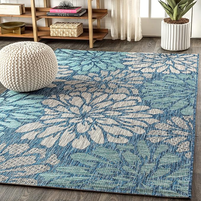 JONATHAN Y Floral Textured Weave Indoor Outdoor Area Rug 5X8 Navy/Aqua, Zinnia Modern for Backyard, Patio, Porch, Easy-Cleaning, High Traffic, Pet-Friendly, Non-Shedding (SMB110C-5)