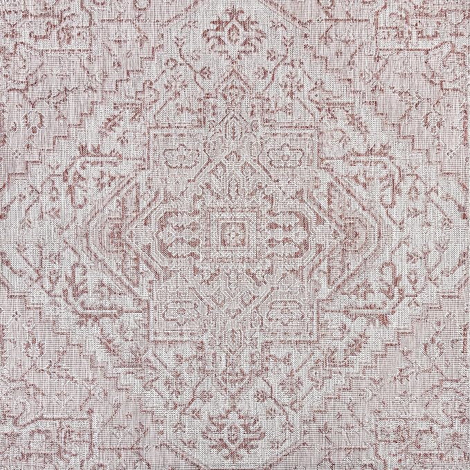 JONATHAN Y Boho Medallion Indoor Outdoor Square Area Rug 3X3 Red/Taupe, Estrella Textured Weave for Backyard, Patio, Porch, Easy-Cleaning, High Traffic, Pet-Friendly, Non-Shedding (SMB105A-3SQ)